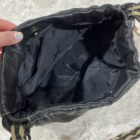 Fossil Pebbled Leather Purse Black Drawstring Hobo Bag Braided Strap - Picture 12 of 14